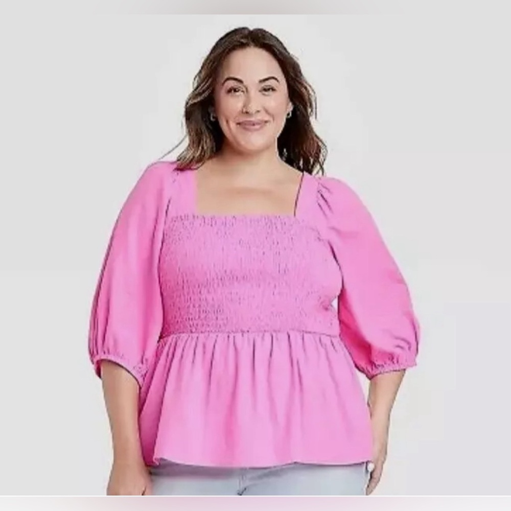 Ava & Viv Smocked Top Peplum Hem Elbow Sleeves Square Neck Casual Plus Size XXL